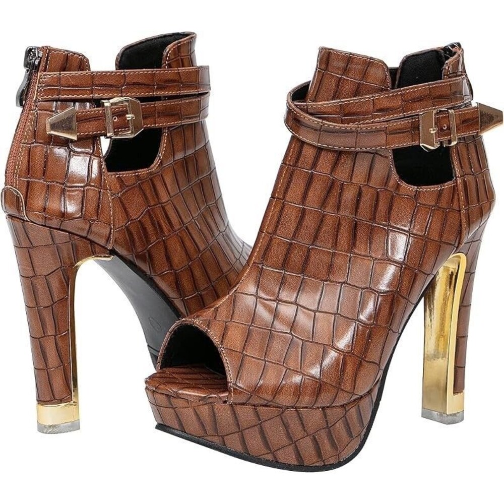 Getmorebeauty Womens Brown Sz 5 Faux Snake Skin Open Toes High Heel Ankle Boots